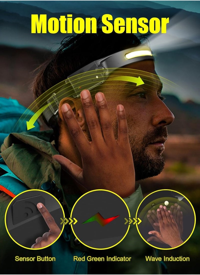 Headlamp,230° Wide Beam Head Lamps LED Super Bright, Rechargeable Headlamp Flashlight USB C, Motion Sensor Head Lights for Forehead, 5Mode Headlamps