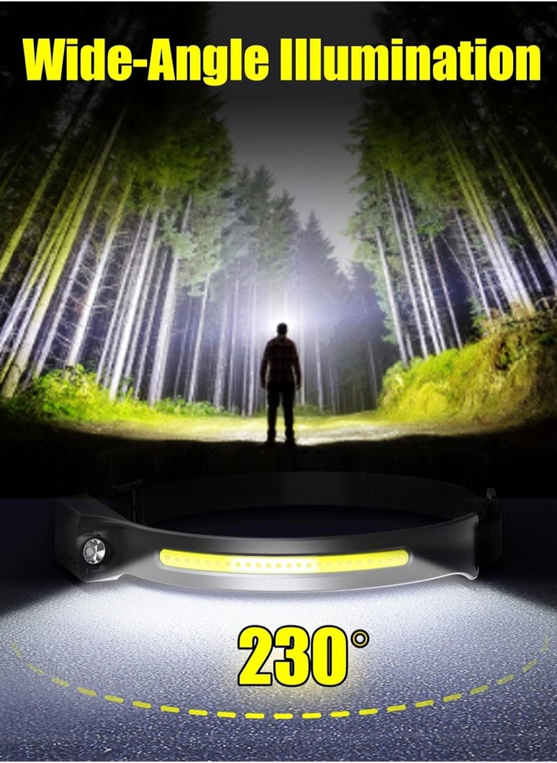 Headlamp,230° Wide Beam Head Lamps LED Super Bright, Rechargeable Headlamp Flashlight USB C, Motion Sensor Head Lights for Forehead, 5Mode Headlamps