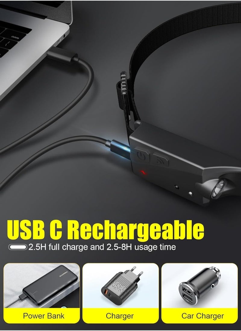 Headlamp,230° Wide Beam Head Lamps LED Super Bright, Rechargeable Headlamp Flashlight USB C, Motion Sensor Head Lights for Forehead, 5Mode Headlamps