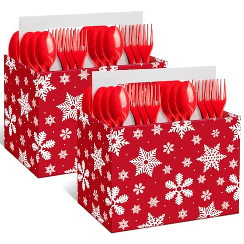 Tenceur 4 Pcs Christmas Utensil Holder Disposable Utensil Caddy Christmas Party Supplies Paper Cutlery Flatware Holder with Handle Winter Snowflake Holiday Party Decor for Paper Plate Cup Spoon Fork Napkin - Image 3