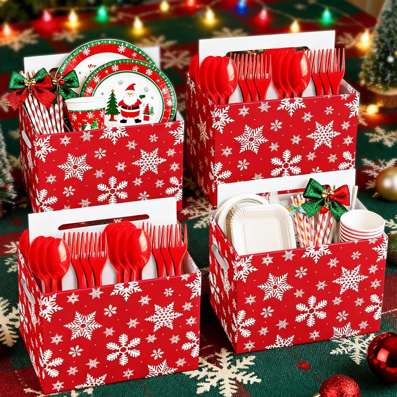 Tenceur 4 Pcs Christmas Utensil Holder Disposable Utensil Caddy Christmas Party Supplies Paper Cutlery Flatware Holder with Handle Winter Snowflake Holiday Party Decor for Paper Plate Cup Spoon Fork Napkin - Image 2
