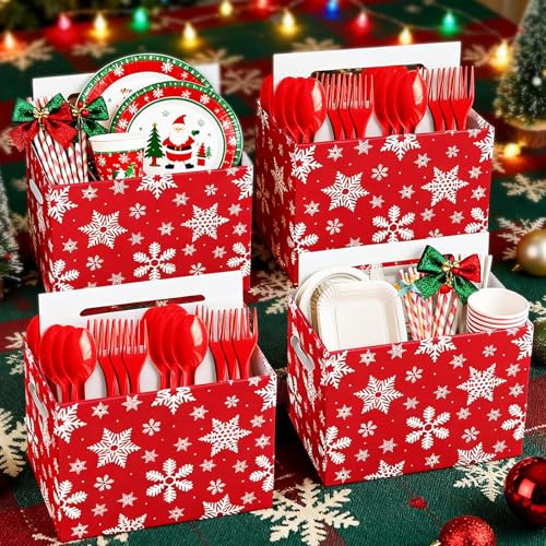 Tenceur 4 Pcs Christmas Utensil Holder Disposable Utensil Caddy Christmas Party Supplies Paper Cutlery Flatware Holder with Handle Winter Snowflake Holiday Party Decor for Paper Plate Cup Spoon Fork Napkin - Image 1