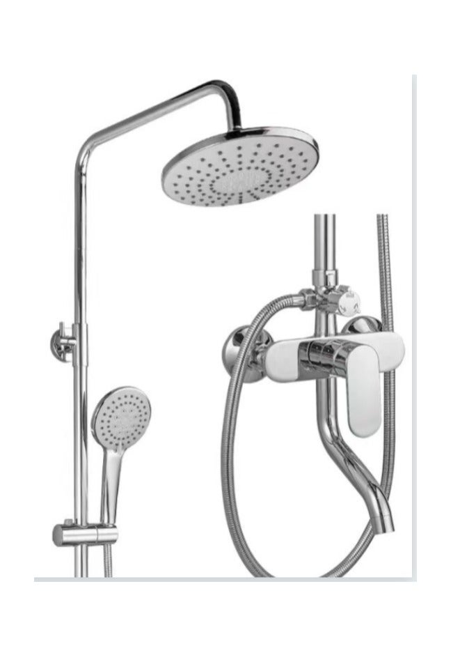 Oceanic Rain Shower Mixer Set – Brass Mixer with SS Shower Pipe, Round Overhead Rain Shower & Hand Shower, Chrome Finish Bathroom Shower System