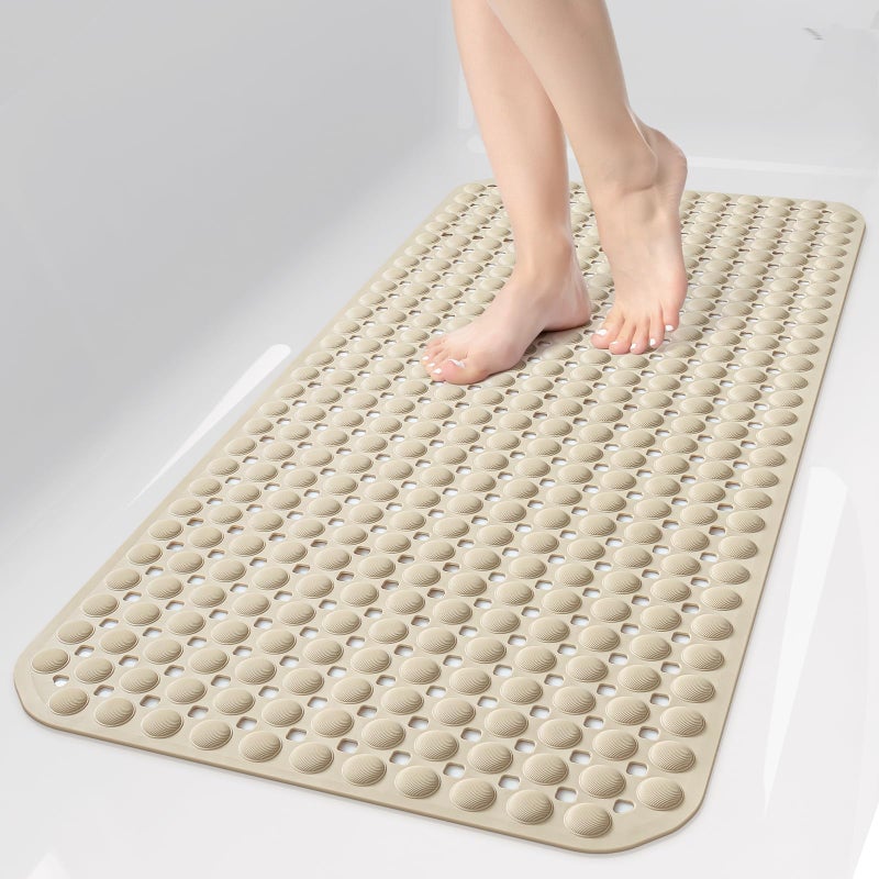 OTHWAY Bath Tub Shower Mat Non Slip, Bathtub Floor Liner Mats for Inside Shower Bathroom, Suction Cups and Drain Holes for Feet Scrubbing, Machine Washable, Soft on Feet, 35x16 Inch, Brown - Image 1
