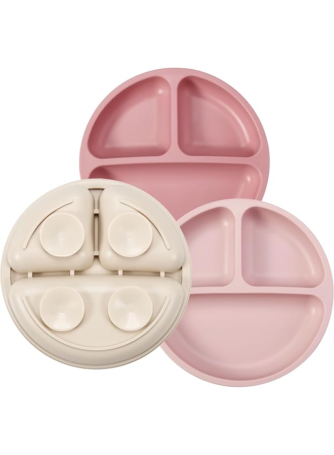 PandaEar 3 Pack Baby Plates With Suction Silicone Divided Suction Plate For Toddlers Bpa Free 100% Food Grade Silicone Unbreakable Toddler Plates (Pink/Line/Light Pink) - Image 1
