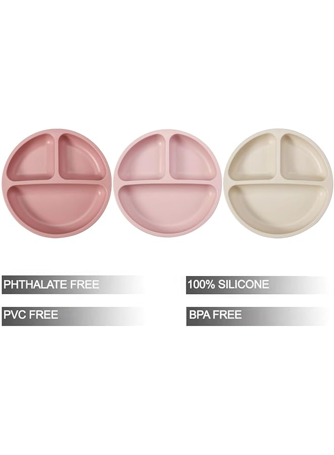 PandaEar 3 Pack Baby Plates With Suction Silicone Divided Suction Plate For Toddlers Bpa Free 100% Food Grade Silicone Unbreakable Toddler Plates (Pink/Line/Light Pink) - Image 2