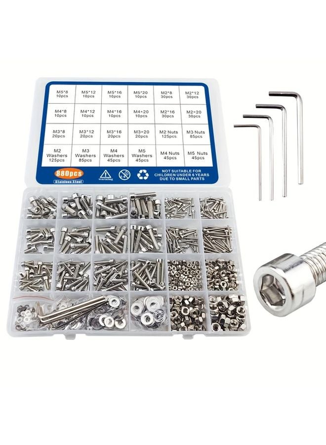 880 قطعة مجموعة أجهزة رأس الكأس بسداسي داخلي مسامير M2 M3 M4 M5 صواميل حلقات علبة منظِّم - Image 1