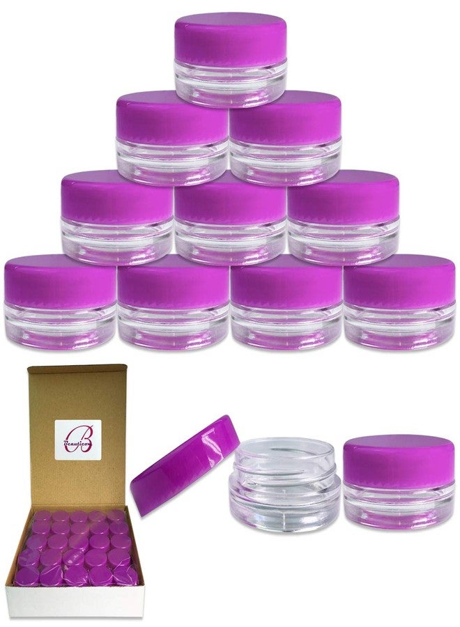 Beauticom (Quantity: 50 Pieces) Beauticom 3G/3ML Round Clear Jars with PURPLE Lids for Scrubs, Oils, Toner, Salves, Creams, Lotions, Makeup Samples, Lip Balms - BPA Free - Image 1