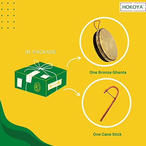 HOKOYA Traditional Bronze Gong Bell for Pooja (8.5-inch Diameter) with a Cane Stick | Kansa Ghanta Handcrafted by Odisha Artisans | Gong Bell Meditation Bell for Yoga & Mindfulness - Image 4