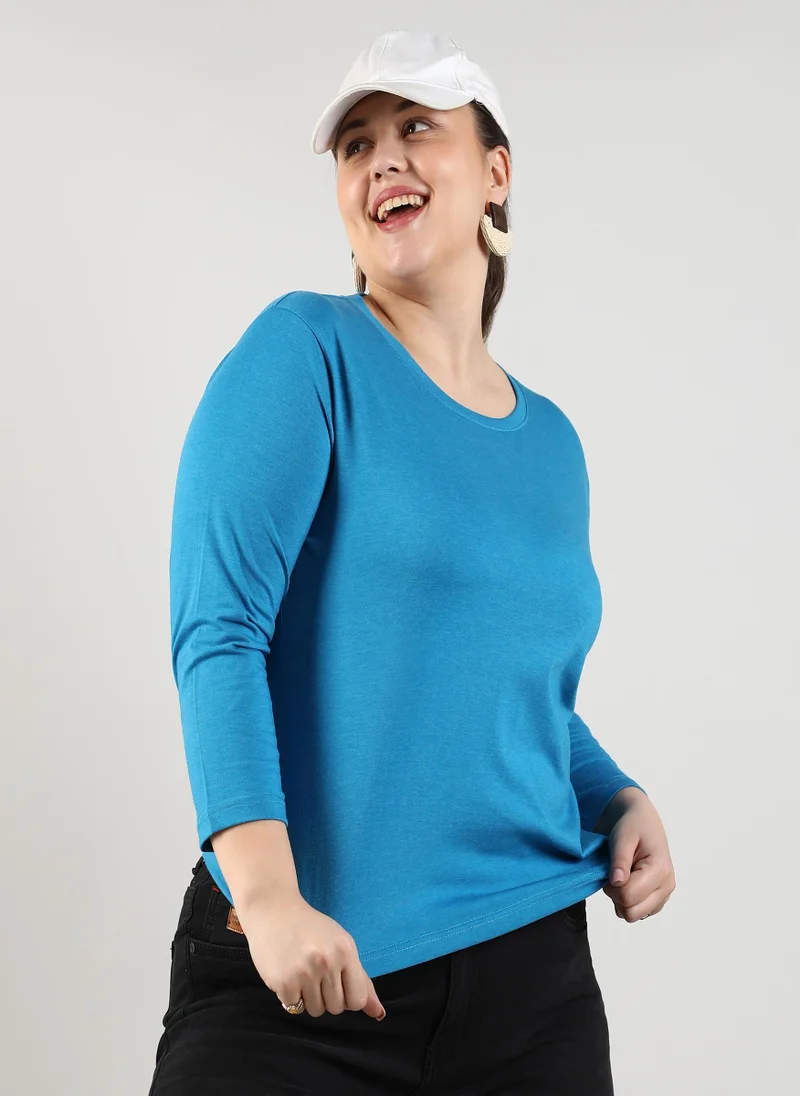 Instafab Plus Women's Royal Blue Basic Lounge Top For Casual Wear | Round Neck | Long Sleeve | Pull On Closure | Plus-Size Top Crafted With Comfort With For Everyday Wear