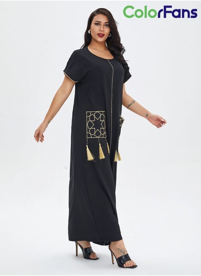 Color Fans - Summer Dress for Women 2023 Muslim Fashion Casual Short Sleeves Maxi Dresses Black - Image 1