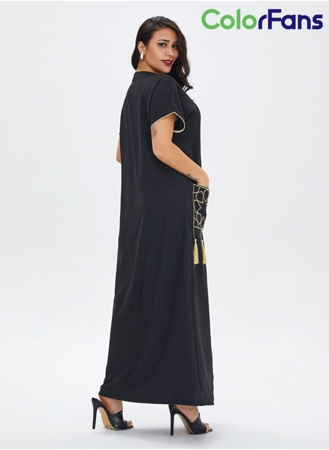 Color Fans - Summer Dress for Women 2023 Muslim Fashion Casual Short Sleeves Maxi Dresses Black - Image 1