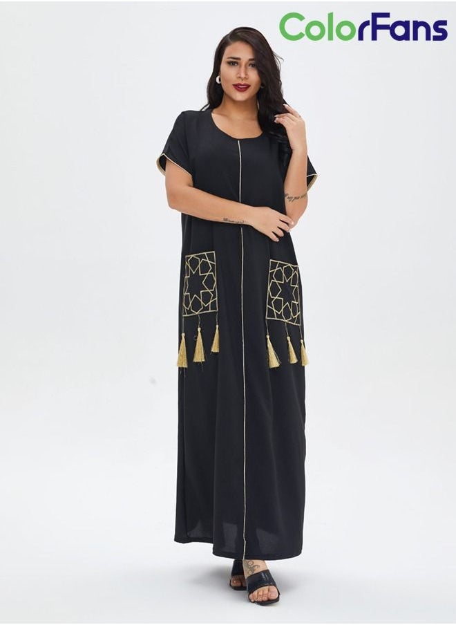 Color Fans - Summer Dress for Women 2023 Muslim Fashion Casual Short Sleeves Maxi Dresses Black - Image 1
