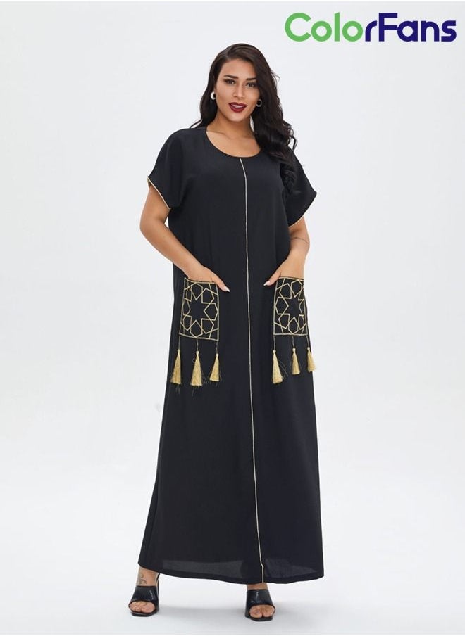 Color Fans - Summer Dress for Women 2023 Muslim Fashion Casual Short Sleeves Maxi Dresses Black - Image 1