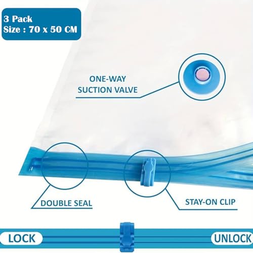 HSR 3 Pack Space Saver Vacuum Storage Bags for Clothing Travel, Vacuum Seal Compression Bags for Clothes, Packing, Luggage, Blankets, Comforters and Pillows (Without Pump) - Image 2