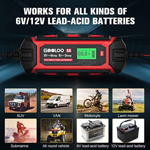 GOOLOO S4 4 Amp Car Battery Charger Automotive, 6V/2A 12V/4A Smart Trickle Charger Maintainer with Supply Mode, Automatic Motorcycle Battery Charger for Truck Lawn Mower RV Boat Lead-Acid Battery - Image 5