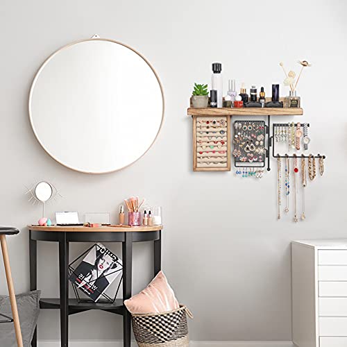 SOLIMINTR Hanging Jewelry Organizer Wall Mount with Rustic Wood Shelf, Ring Display Box, Ear Studs Earring Holder, Rotating Necklace Holder Organizer - Image 4