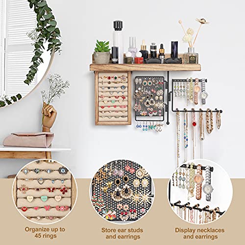 SOLIMINTR Hanging Jewelry Organizer Wall Mount with Rustic Wood Shelf, Ring Display Box, Ear Studs Earring Holder, Rotating Necklace Holder Organizer - Image 2