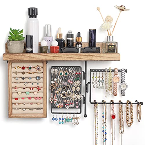 SOLIMINTR Hanging Jewelry Organizer Wall Mount with Rustic Wood Shelf, Ring Display Box, Ear Studs Earring Holder, Rotating Necklace Holder Organizer - Image 1