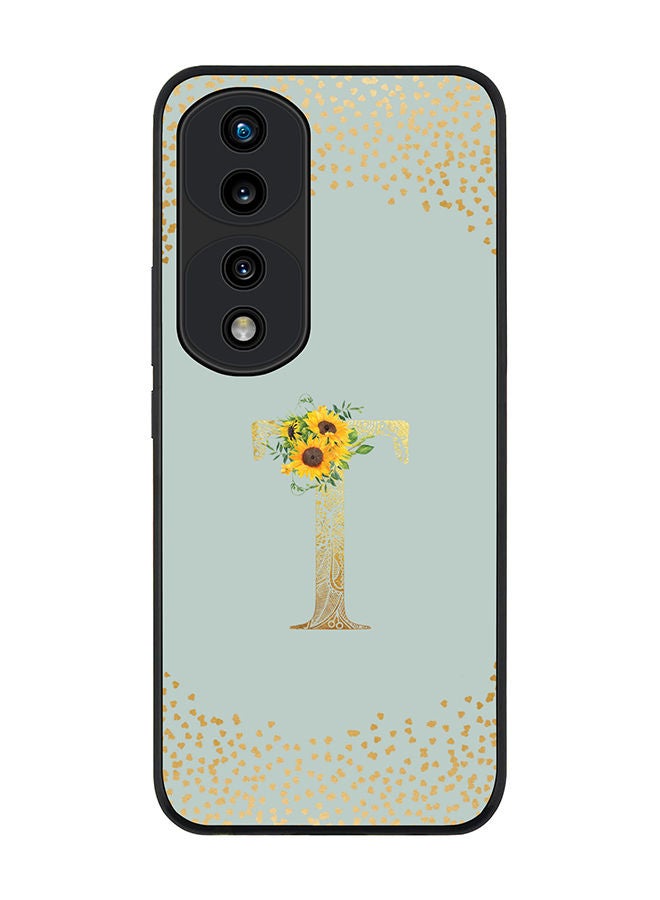 Rugged Black edge case for Honor 70 Pro Slim fit Soft Case Flexible Rubber Edges Anti Drop TPU Gel Thin Cover - Custom Monogram Initial Letter Floral Pattern Alphabet - T (Light Grey )