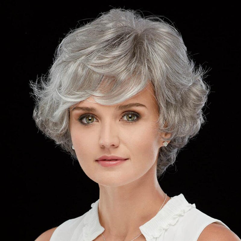 Short Curly Fluffy Wig Silver Mixed Brown Layered Messy Shaggy Synthetic Hair Wig for Women Old Lady