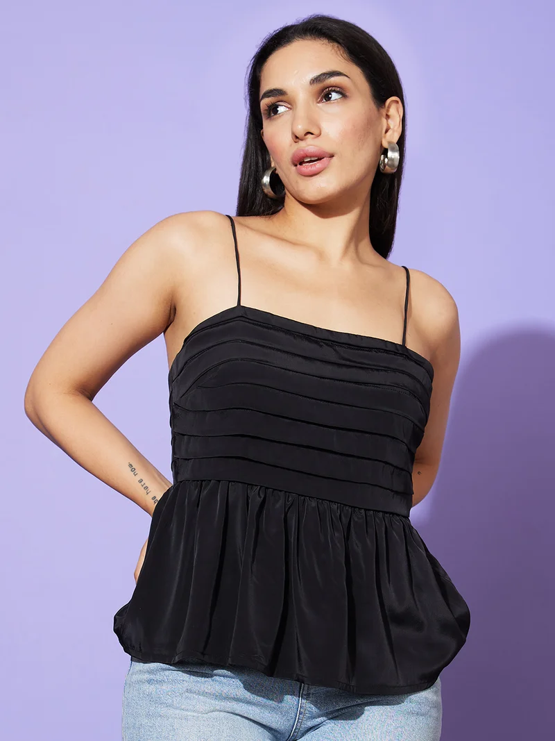 globus Women Black Shoulder Straps Gathered Or Pleated Peplum Top
