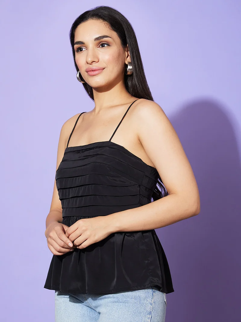 globus Women Black Shoulder Straps Gathered Or Pleated Peplum Top