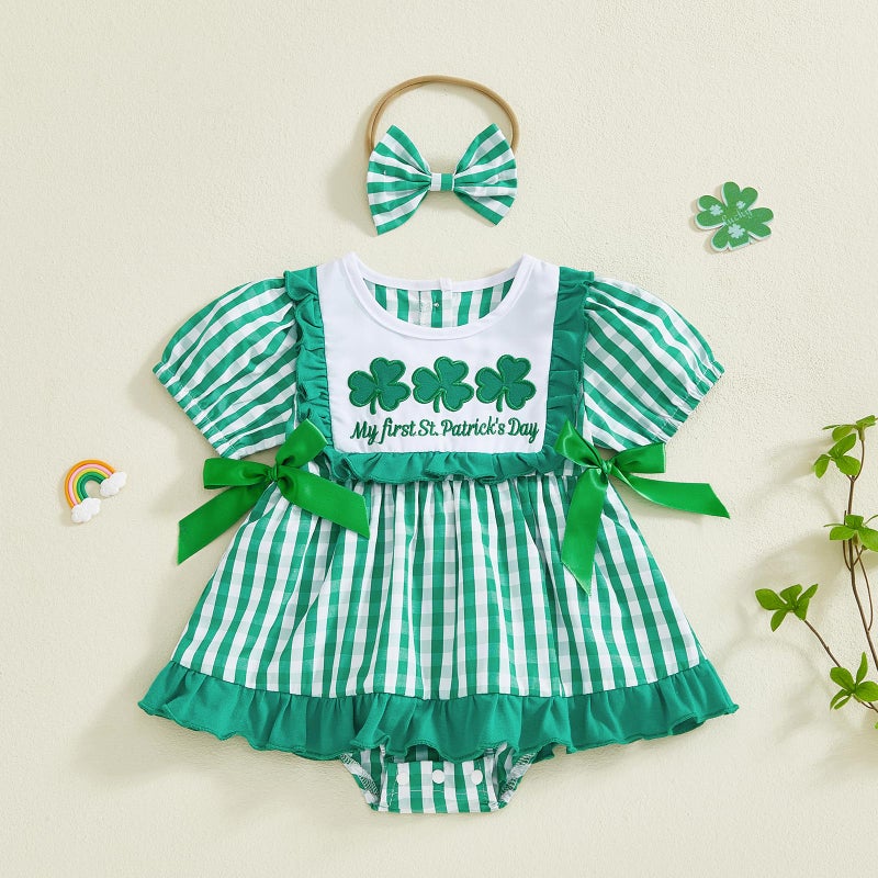 BemeyourBBs Newborn Baby Girl St Patricks Day Outfit My First Saint Patricks Romper Dress Cute Infant Girl Clothes (Clover Striped Green, 9-12 Months) - Image 4