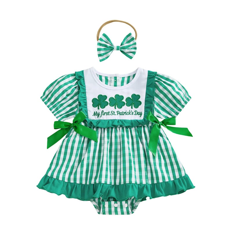 BemeyourBBs Newborn Baby Girl St Patricks Day Outfit My First Saint Patricks Romper Dress Cute Infant Girl Clothes (Clover Striped Green, 9-12 Months) - Image 1