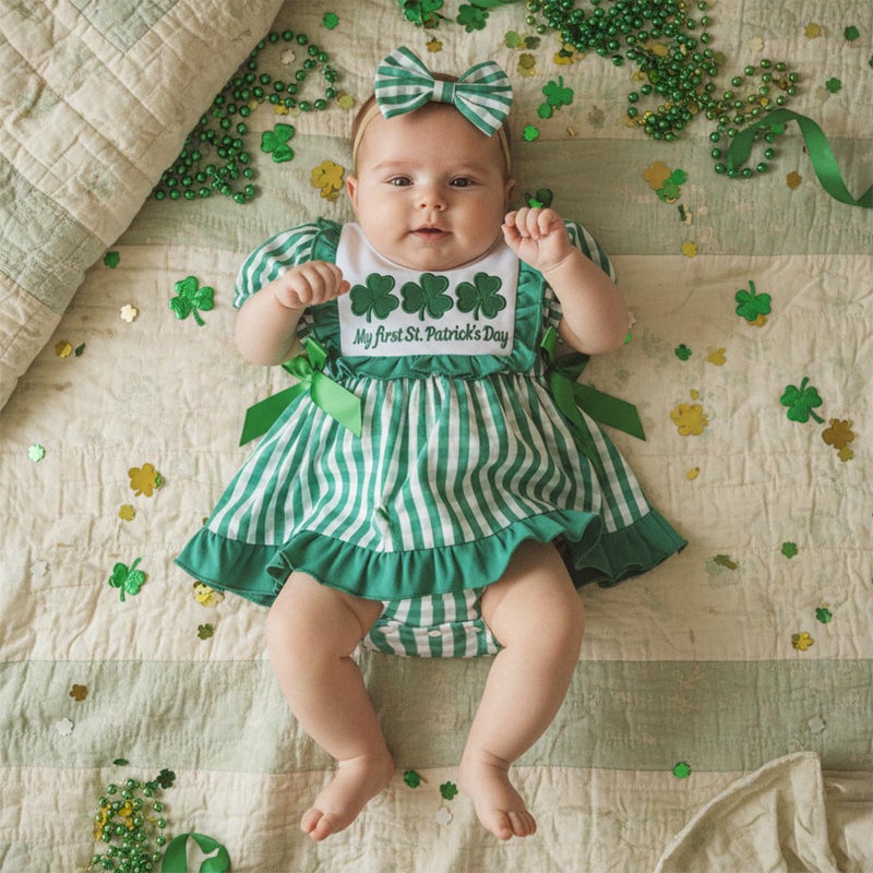 BemeyourBBs Newborn Baby Girl St Patricks Day Outfit My First Saint Patricks Romper Dress Cute Infant Girl Clothes (Clover Striped Green, 9-12 Months) - Image 2