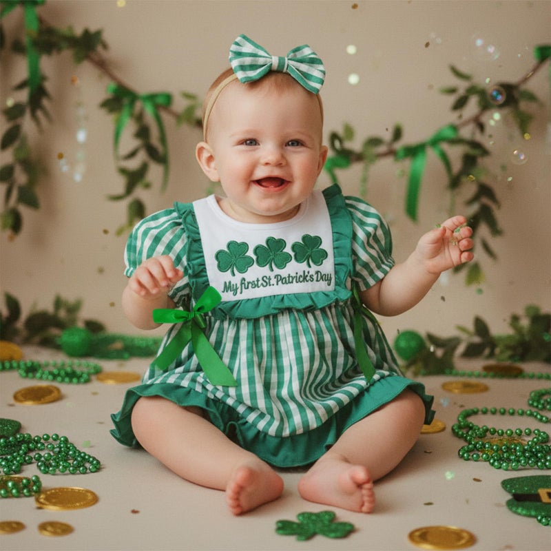 BemeyourBBs Newborn Baby Girl St Patricks Day Outfit My First Saint Patricks Romper Dress Cute Infant Girl Clothes (Clover Striped Green, 9-12 Months) - Image 3