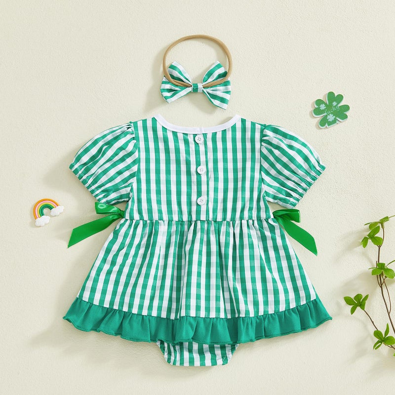BemeyourBBs Newborn Baby Girl St Patricks Day Outfit My First Saint Patricks Romper Dress Cute Infant Girl Clothes (Clover Striped Green, 9-12 Months) - Image 5