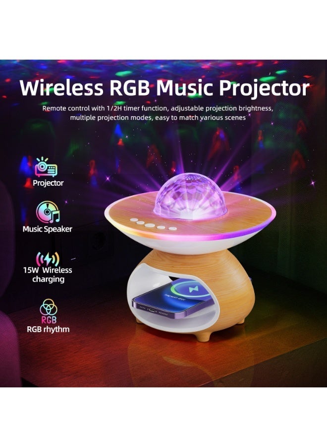 3-in-1 Star Projector Light with 15W Wireless Charger and Bluetooth Speaker, Wood Grain - Image 1
