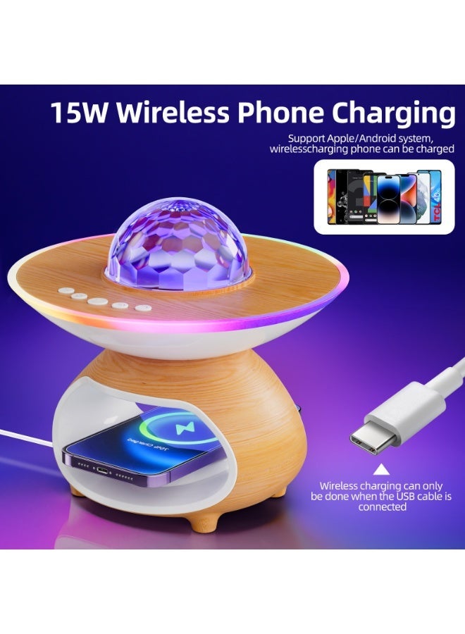 3-in-1 Star Projector Light with 15W Wireless Charger and Bluetooth Speaker, Wood Grain - Image 4