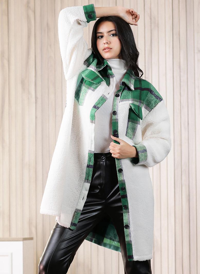 فرايديين كاجول طوق متقلب تباين اللون منقوش ازرار جيب كم القميص معطف اخضر - Image 1