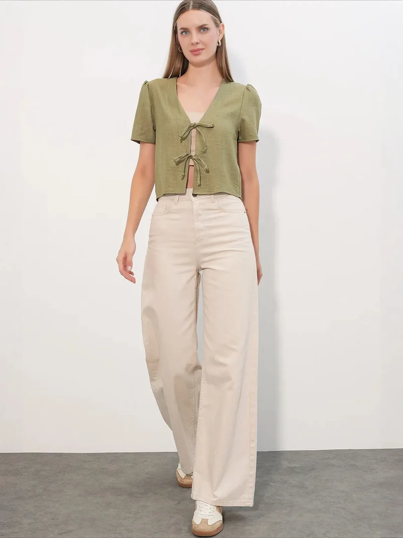 Big Dart Khaki Green BDART Textured V-Neck Linen Blend Crop Top for Women | Best Price UAE