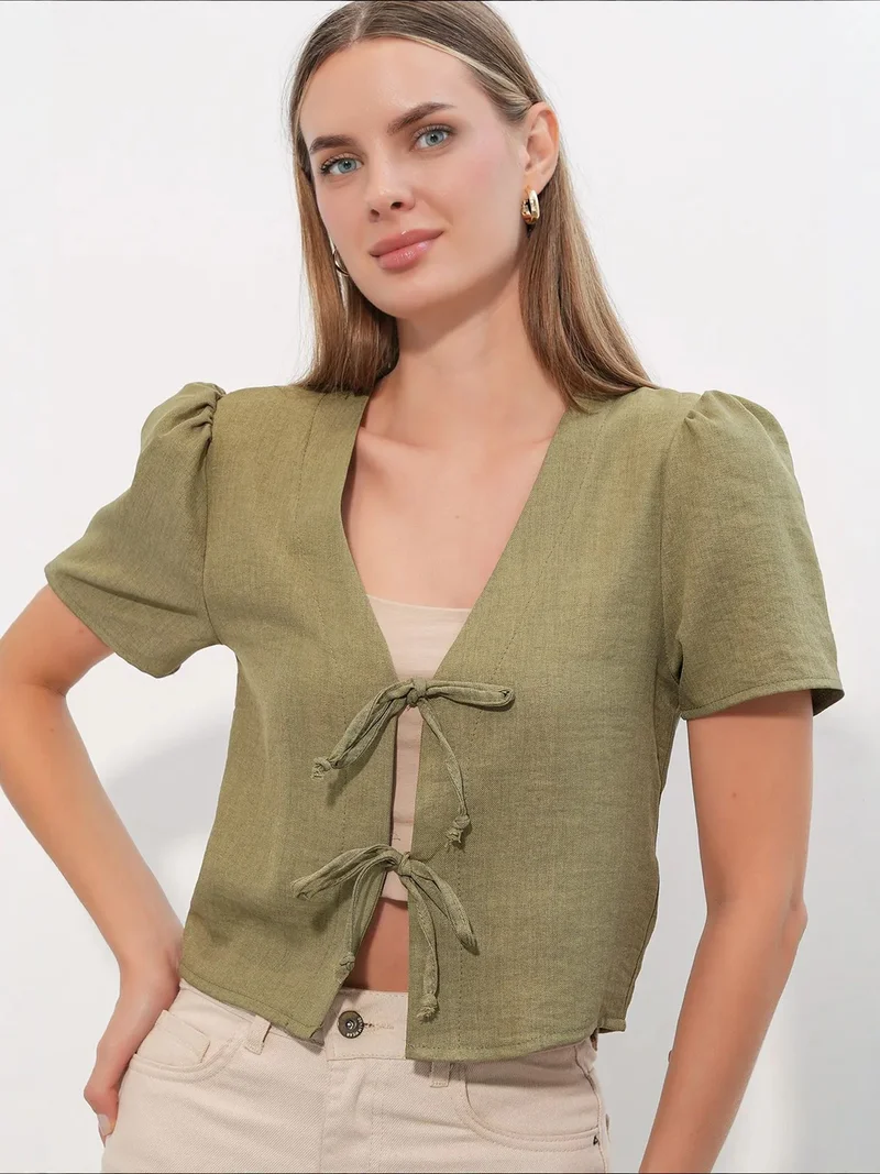 BDART Textured V-Neck Linen Blend Crop Top