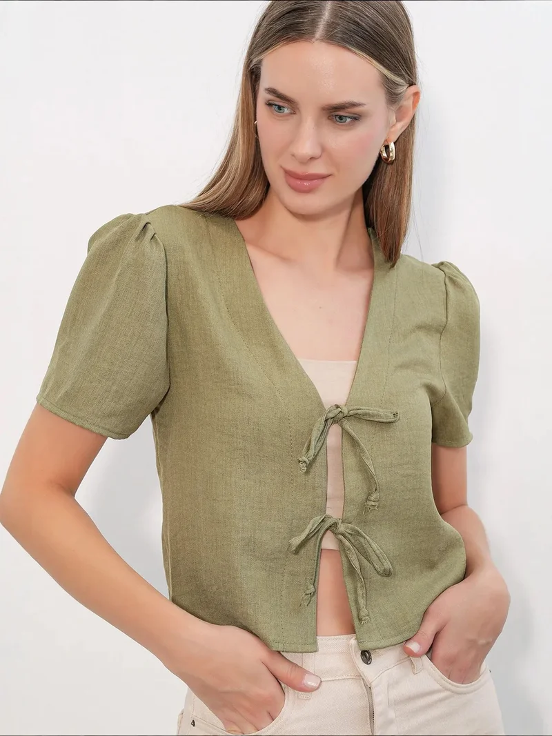 Big Dart Khaki Green BDART Textured V-Neck Linen Blend Crop Top for Women | Best Price UAE