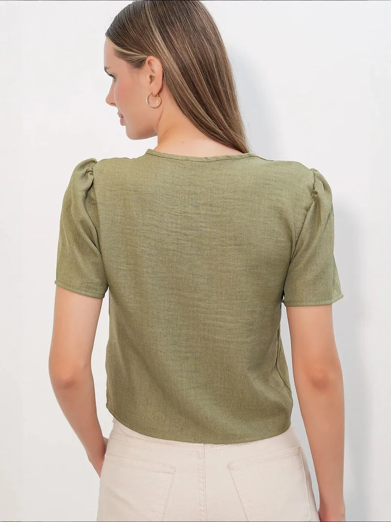 Big Dart Khaki Green BDART Textured V-Neck Linen Blend Crop Top for Women | Best Price UAE