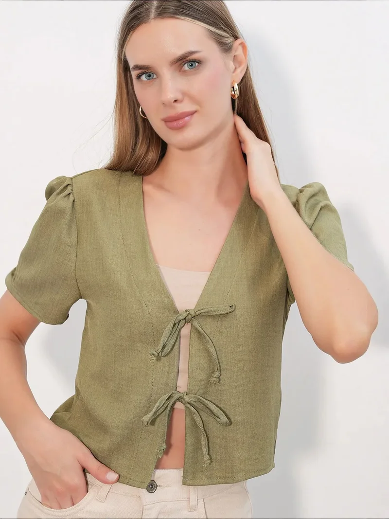Big Dart Khaki Green BDART Textured V-Neck Linen Blend Crop Top for Women | Best Price UAE