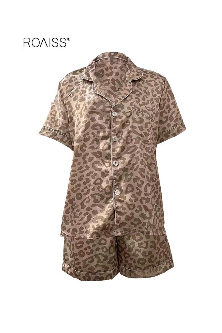 roaiss Women's 2 Piece Pajama Suit Cute Printed Suspender Vest And Shorts Set Classic Solid Color Lapel Silk Pajama Set 