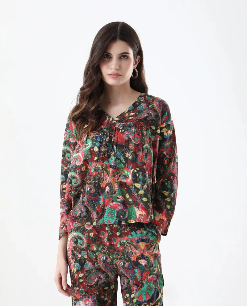 Rareism Women's Geometric Printed V-Neck Top With Full Sleeves