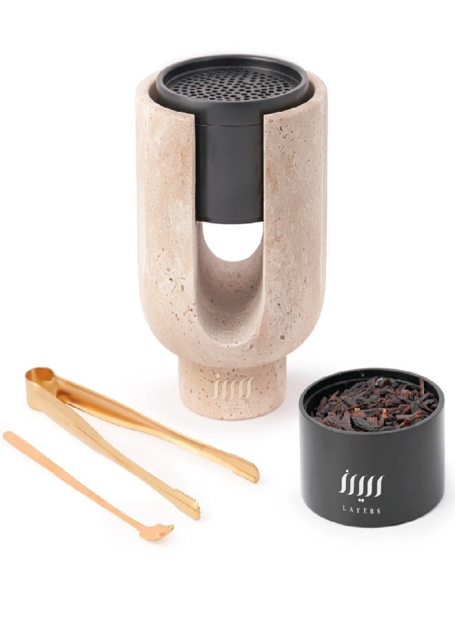 Layers Ofra (Beige Travertine) Medium Candle & Incense Burner – Natural Marble with Black Accessory - Image 1