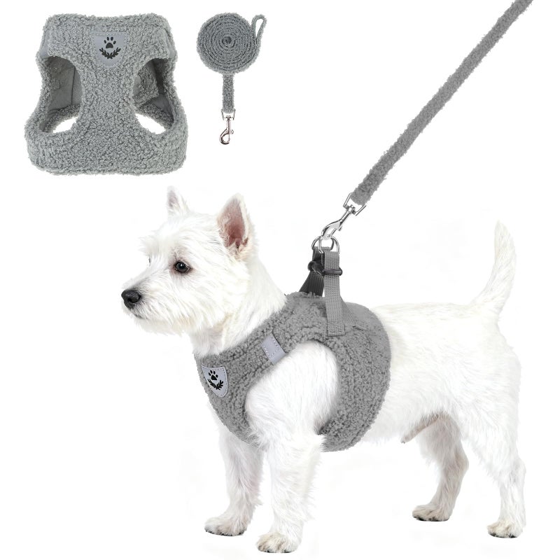 KOOLTAIL Plush Small Dog Harness and Leash Set, Warm Fleece No Pull Puppy Vest for Winter, Lightweight Reflective Step in Pet Harness for Medium Sized Dogs Boy Girl Outdoor Walking Cute Soft, Gray M - Image 1