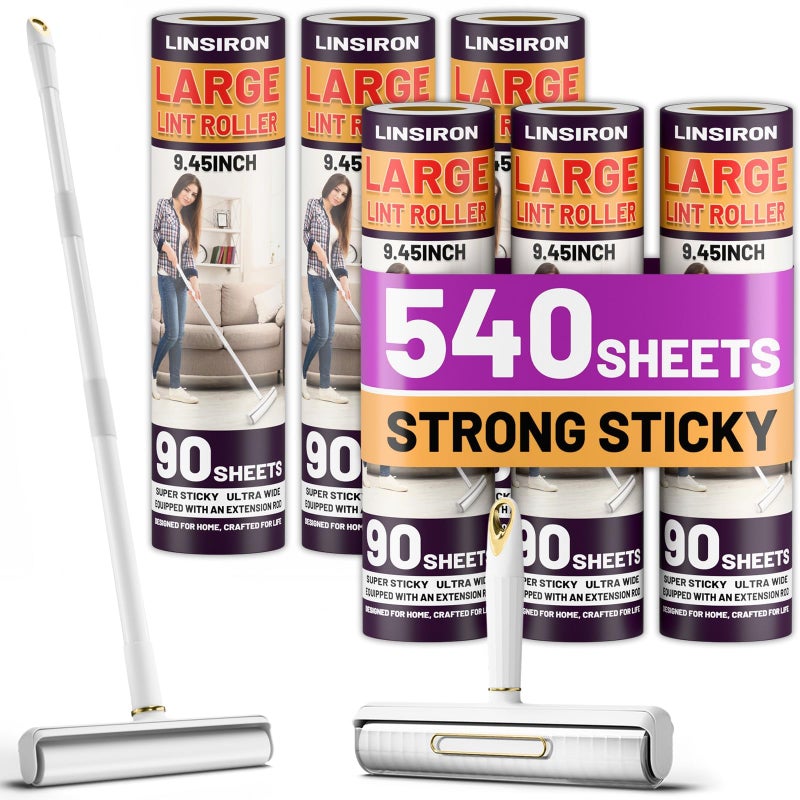 LINSIRON Large Lint Roller Pet Hair Remover 540 Adhesive Sheets Rollers 9.45 Extra Sticky Dog Cat Adjustable Handle 7.9-47.6 Inch, 6 Replaceable Rolls 90 Sheets Each, 3 Extension Rods for 4 Heights - Image 1