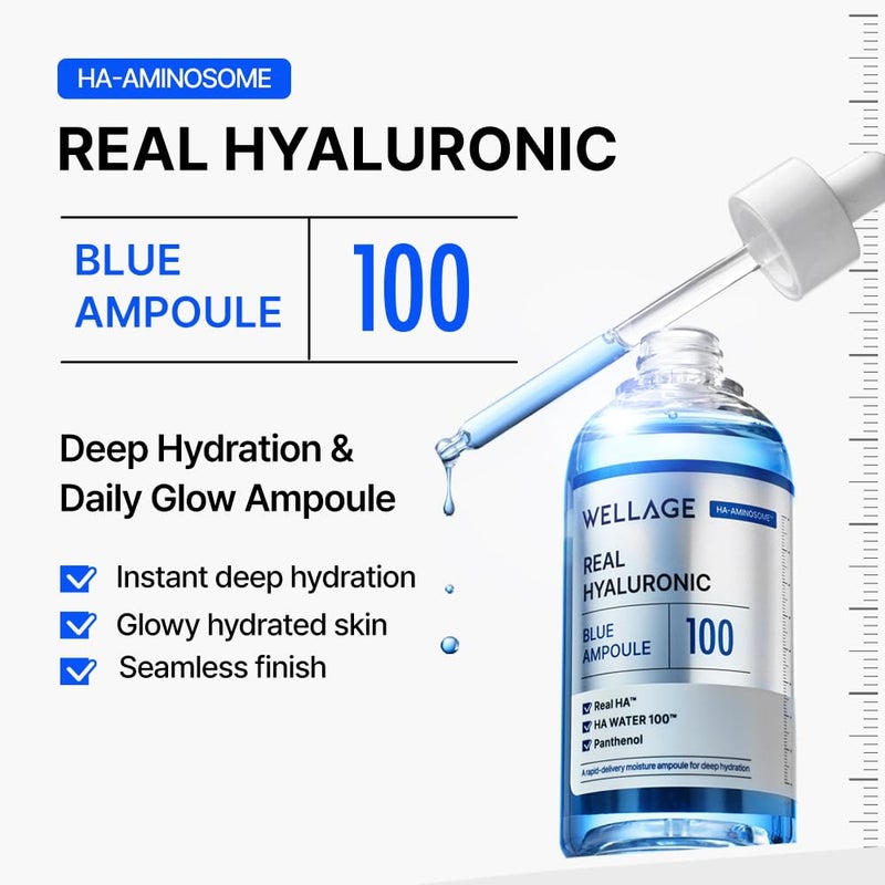 WELLAGE Real Hyaluronic Blue Ampoule 100, Korean Hydrating Serum for Face, Skin Firming Hyaluronic Acid Deep Moisturizing Serum with Panthenol, PDRN, 2.54 Fl Oz_R - Image 4