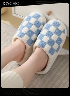 Joychic Checkerboard Lattice Design Bedroom Slippers for Women Men Couple Plush Fuzzy Cozy House Slippers Autumn and Winter Warm Indoor Outdoor Lightweight Soft Flat Slides White+Blue  - Image 1