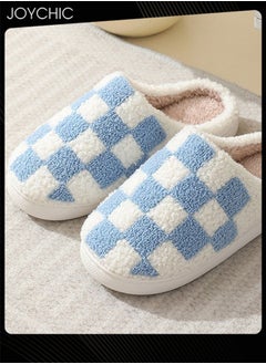 Joychic Checkerboard Lattice Design Bedroom Slippers for Women Men Couple Plush Fuzzy Cozy House Slippers Autumn and Winter Warm Indoor Outdoor Lightweight Soft Flat Slides White+Blue  - Image 2
