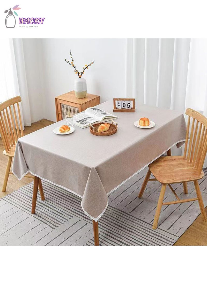 WAOKN - Tablecloth, Waterproof And Oil-Proof End Table Dustproof Cover, Plain Color Picnic Blanket With Lace, Light Coffee - Image 1