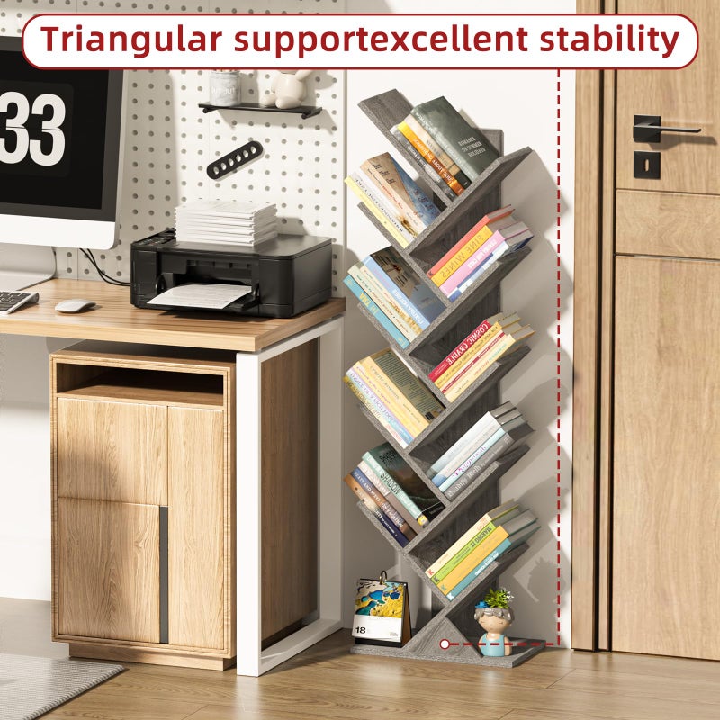 SHEEPAM 10 Tier Tree Book Shelf, Floor Standing Wood Bookshelf for Narrow Space, Storage Organizer Bookshelves for Books/CDs/Magazine, Bookcase with Shelves for Home Office, Living Room - Light Grey - Image 2